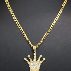 A gold crown pendant adorned with sparkling diamonds, showcasing elegance and luxury in its intricate design.