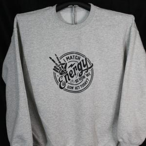 A grey sweatshirt featuring a prominent logo displayed on the front, showcasing a casual and stylish design.